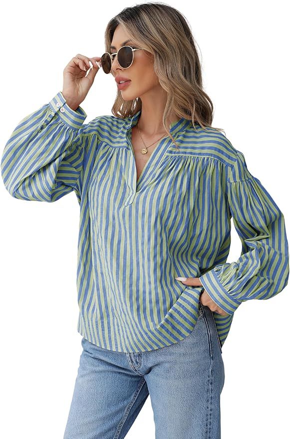 Womens Striped V Neck Tops Causal Loose Pullover Long Sleeve Blouses Pleated Swing T Shirt | Amazon (US)