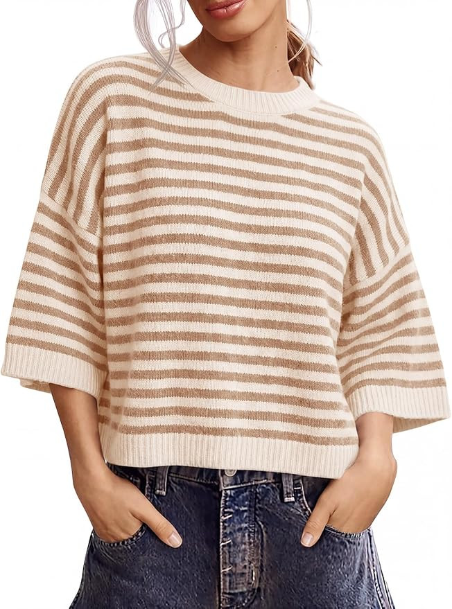 Saodimallsu Womens Short Sleeve Sweater Summer Striped Oversized Sweaters Casual Crewneck Lightwe... | Amazon (US)