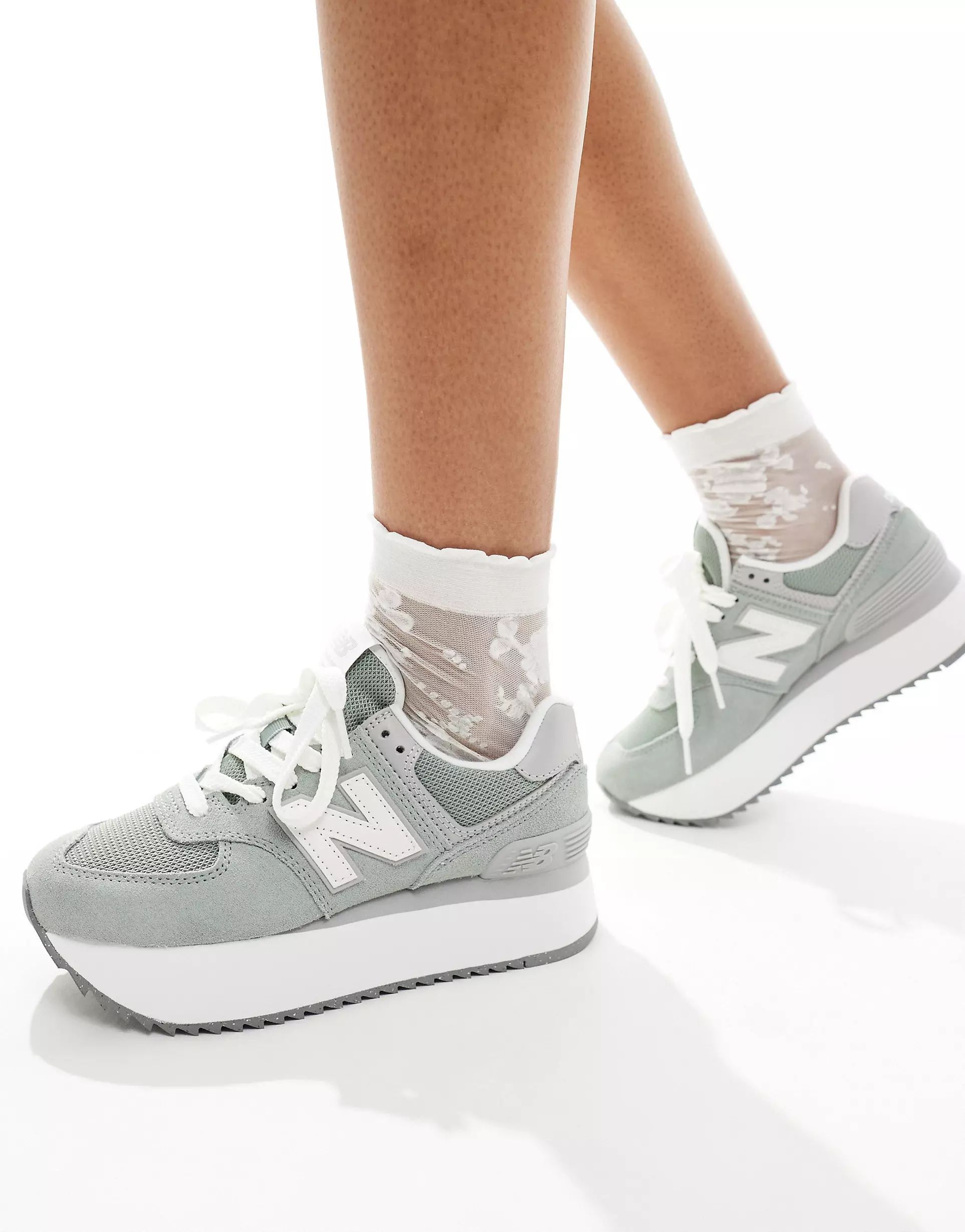 New Balance 574+ platform sneakers in green with gray and white detail | ASOS (Global)