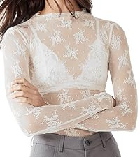 KTILG Womens Mesh Long Sleeve Top Sheer Blouse Sexy See Through Tee Shirt Lace Tops S-XXL | Amazon (US)