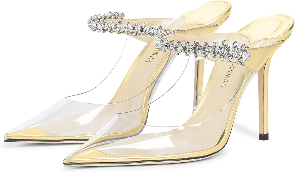 MIRAAZZURRA Women Heeled Mules Rhinestone Strappy Pointed Toe Mules Satin Stiletto High Heels Sli... | Amazon (US)