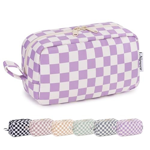 Narwey Checkered Makeup Bag Travel Cosmetic Bag Organizer Small Toiletry Bag Make Up Bags with Organized Pockets for Women (Purple Checkerboard, Large) | Amazon (US)