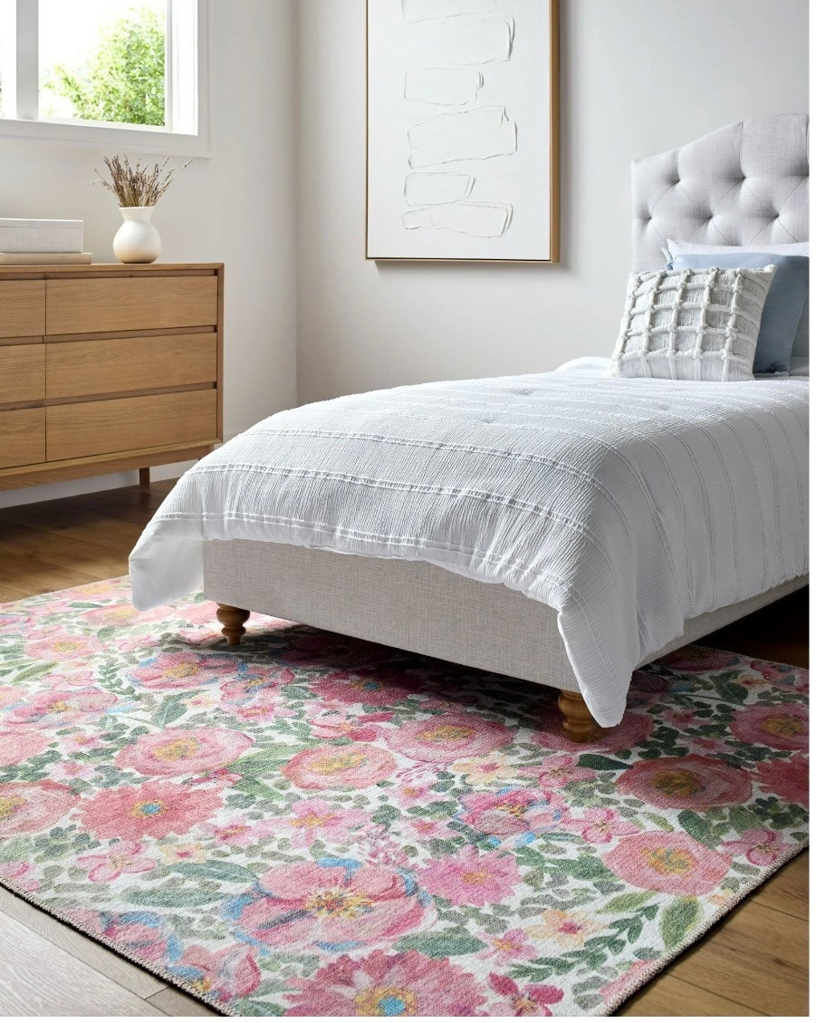 The Delany Floral area rug, part of our exclusive My Texas House Back to Campus collection, is a sophisticated take on traditional style. Designed in collaboration with Erin from My Texas House, its polyester construction gives it a soft and luxurious feel, making it perfect for any room. The machine-woven design ensures that this rug is highly durable and will hold up to high traffic areas in your dorm room or any room in your home. Plus, its no pile feature makes it easy to clean—just machine wash on delicate cycle and line dry! To ensure optimal comfort and protection, we recommend using this area rug with a rug pad! 

#LTKSeasonal #LTKValentine #LTKHome