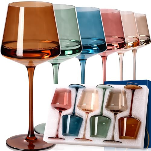 Colored Wine Glasses Set of 6-18oz【Hand Blown】Crystal Colorful Wine Glasses with Stem-Muticolor Wine Glass Wedding gift set for wine lovers Red White Wine Dinner | Amazon (US)