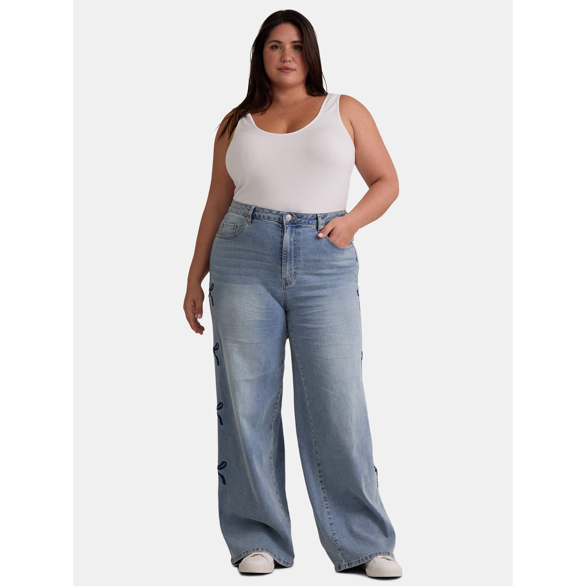 Madden NYC Women’s Plus Ultra 90's Jeans with Bow Accents, 32" Inseam, Sizes 1X-4X | Walmart (US)
