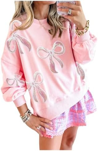 WDIRARA Women's Sequin Bow Sweatshirt Crew Neck Long Sleeve Pullover Top | Amazon (US)