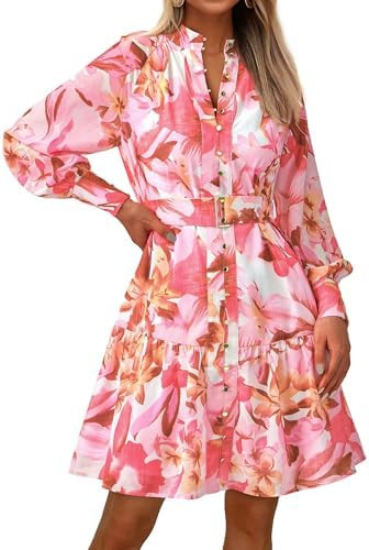 MASCOMODA Fall Dresses for Women 2024 Elegant Long Sleeve Button Short Floral Dress Chiffon A-Lin... | Amazon (US)
