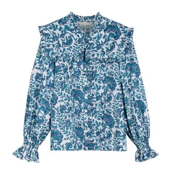 Beth Green and Navy Dianthus Block Print Blouse | The Avenue