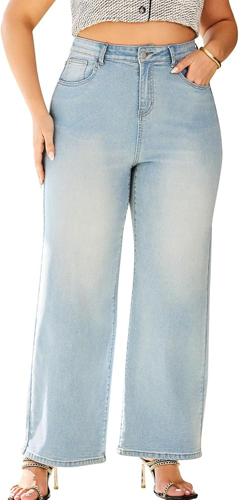 High Waisted Wide Leg Jeans for Women Plus Size Baggy Jeans Stretchy Straight Leg Denim Pants Hig... | Amazon (US)