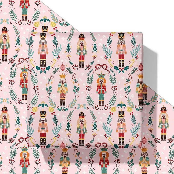 SaringSwoon Pink Nutcracker Christmas Wrapping Paper - Xmas Gift Wrap with Holiday Soldiers and W... | Amazon (US)