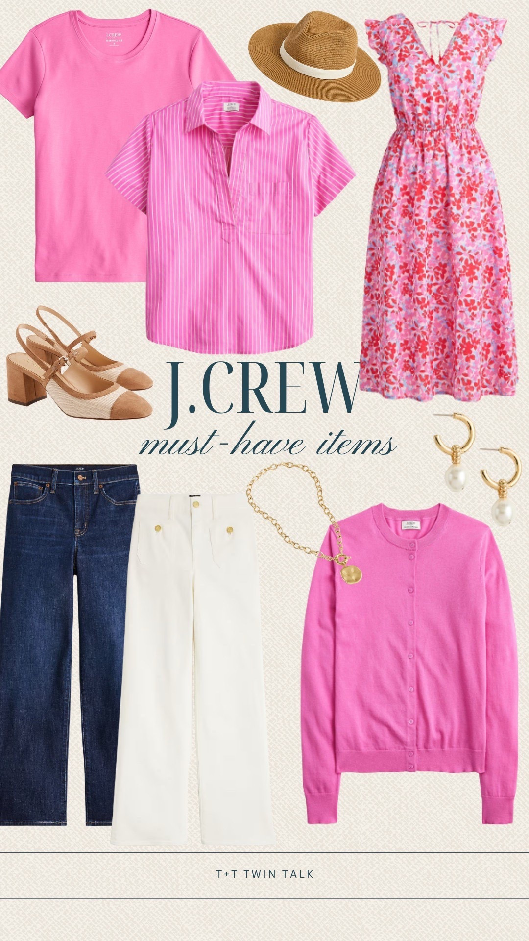 Must-have spring items from J.Crew! Bright pinks are the perfect transition into spring! The floral dress paired with a woven heel is a springtime must've! These outfits would be perfect for any spring event!

#LTKgrwm #LTKSeasonal #LTKootd