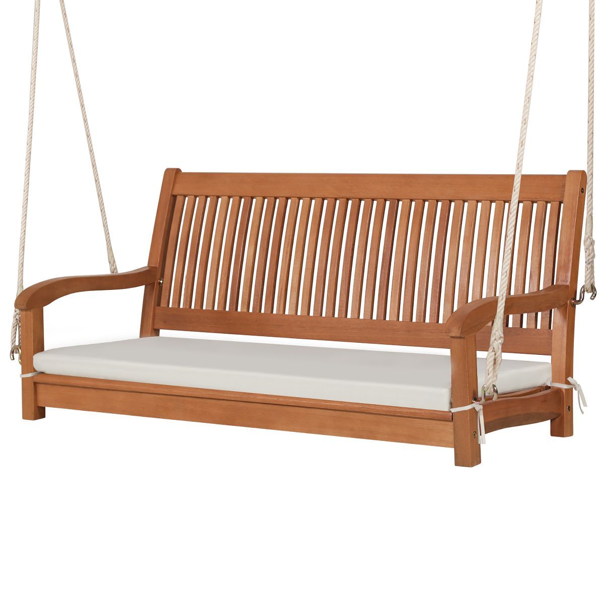 Costway 2-Person Hanging Porch Swing Wood Bench with Cushion Curved Back Outdoor Natural | Target