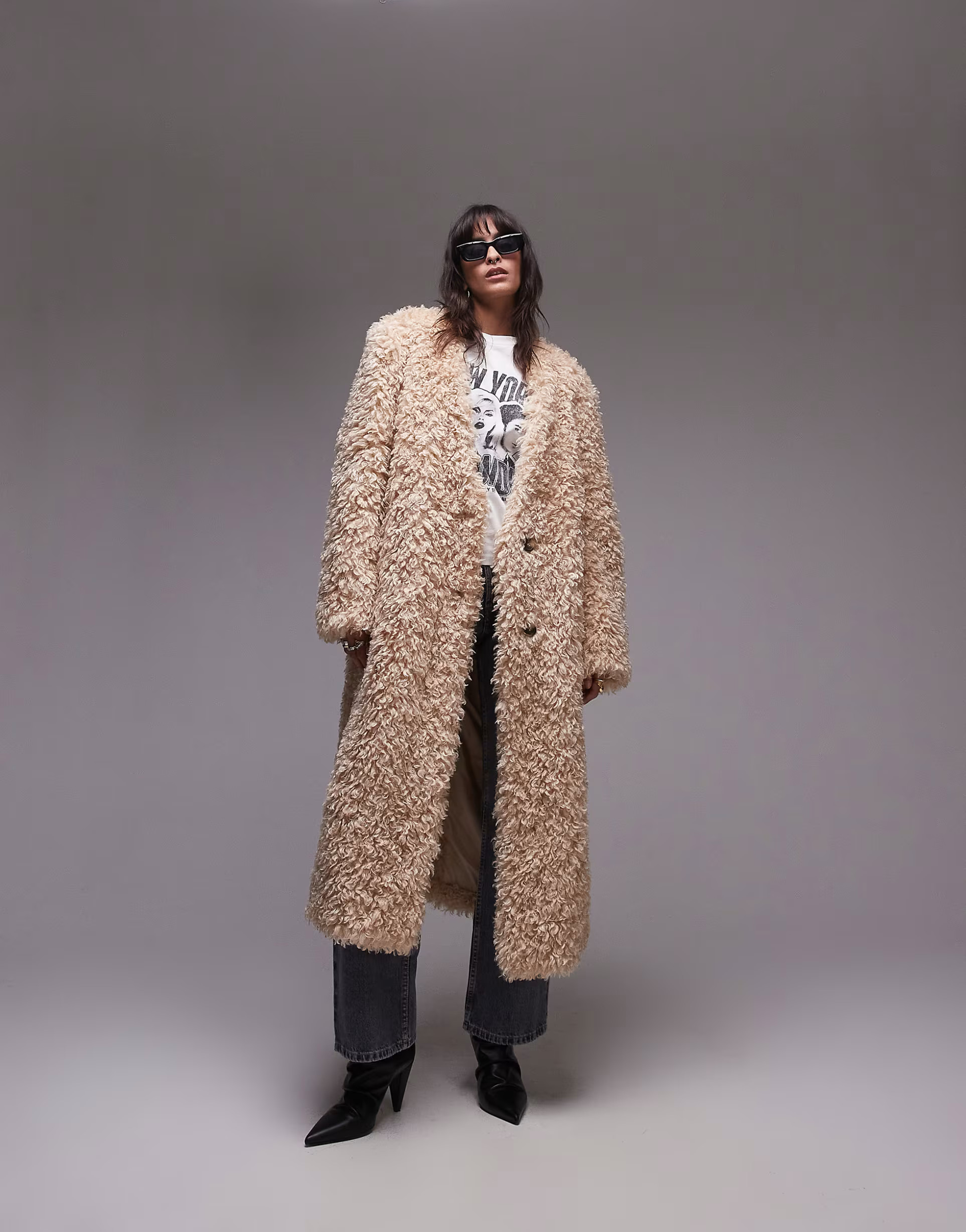 Topshop faux fur collarless long coat in honey | ASOS | ASOS (Global)