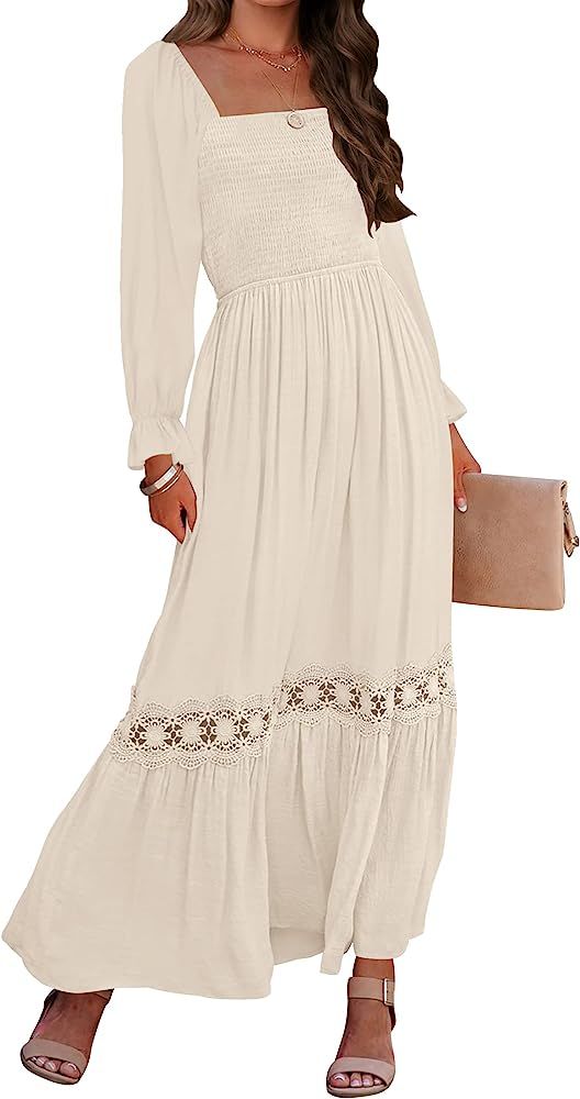 ZESICA Women's 2023 Boho Long Sleeve Square Neck Smocked High Waist Flowy A Line Lace Trim Maxi D... | Amazon (US)