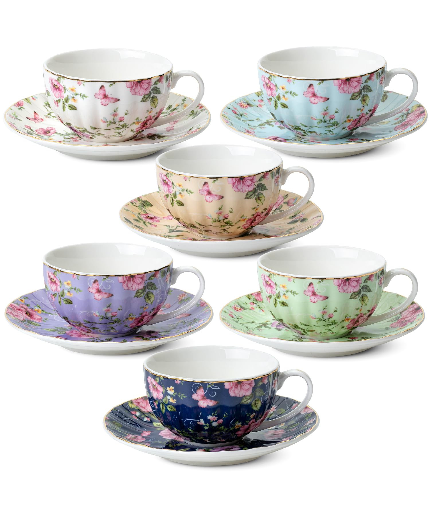 BTaT- Floral Tea Cups and Saucers, Set of 6, 7 oz, Fine Porcelain Teacup Set with Gold Trim for Afternoon Tea, Weddings, Parties & Gifting, Dishwasher Safe and Freezer Safe, Mothers Day Gift | Amazon (US)