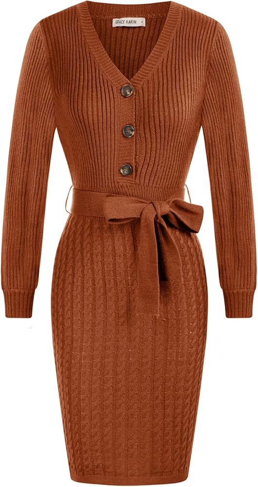 GRACE KARIN Women's Wrap V Neck Knitted Pullover Sweater Dress Long Sleeve Button Belt Bodycon Dress | Amazon (US)