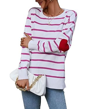 shermie Womens Stripes Sweaters Long Sleeve Crew Neck Casual Cute Heart Pullover Sweater | Amazon (US)