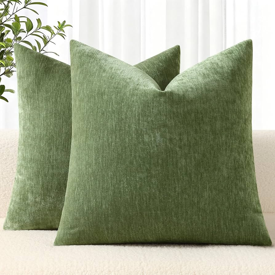 decorUhome Soft Chenille Olive Green Throw Pillow Covers 20X20 Set of 2 | Amazon (US)