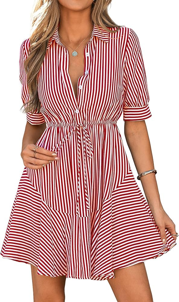 MASCOMODA Womens Puff Short Sleeve Striped Mini Summer Dress Spring Casual V Neck Button Down A L... | Amazon (US)