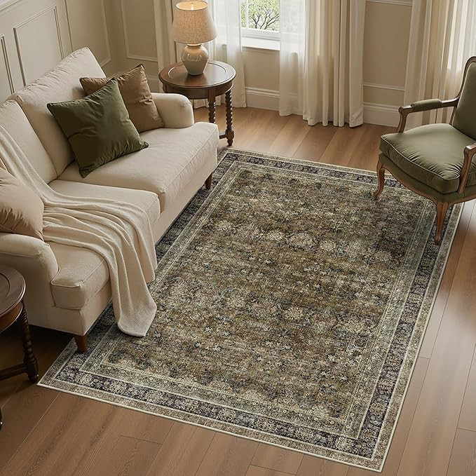 WITSHOCK 5x7 Olive Green Rug for Living Room: Modern Vintage Boho Moody Retro Antique Farmhouse, ... | Amazon (US)