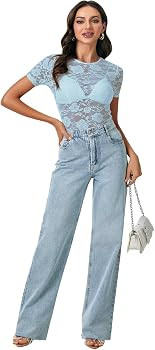 LYANER Women's Floral Lace Sexy Y2k Tee Tops | Amazon (US)