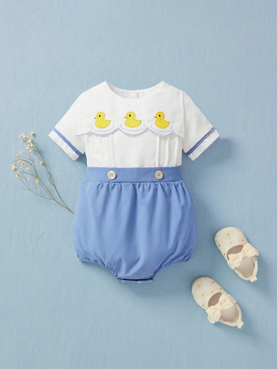 Souflis Baby Boy's Cute Gentleman Duckling Printed Romper, Spring/Summer, Suitable For Outdoor Ac... | SHEIN