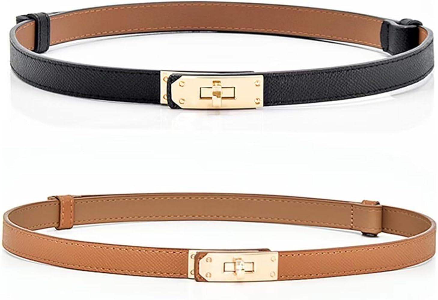 2 in 1 Women's Skinny Leather Belt,Alloy Turn Lock Adjustable Slim Thin Waist Belt For Dress Jean... | Amazon (US)