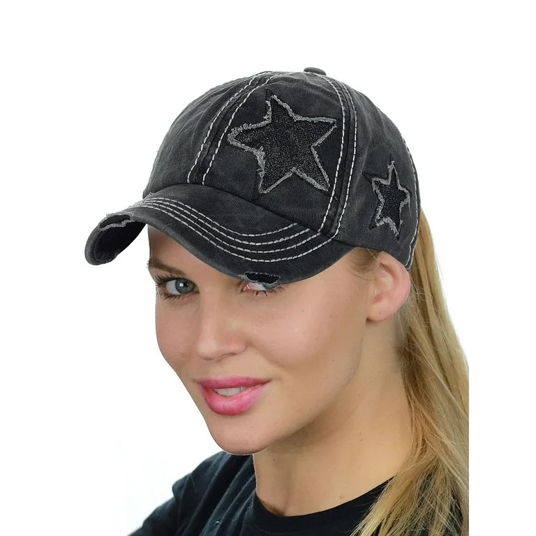 C.C Ponycap Messy High Bun Ponytail Adjustable Glitter Star Distressed Baseball Cap Hat, Black | Walmart (US)