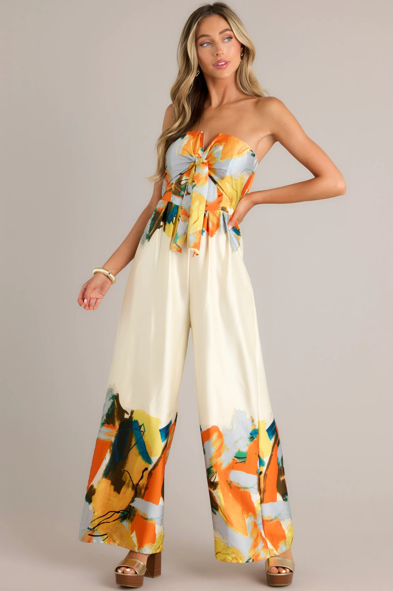 Fresh Beginnings Ivory Multi Print Strapless Jumpsuit | Red Dress