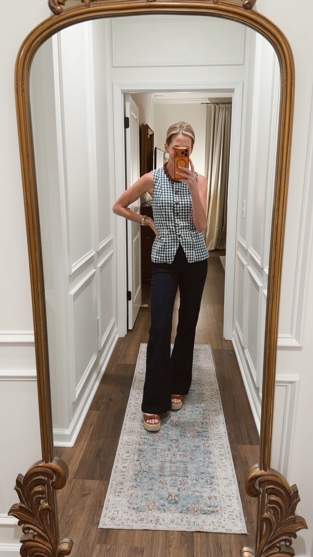 Today’s OOTD. Gingham linen blend vest from Kohl’s. (Perfect for Americana summer), walmart jeans (linking options), Walmart necklace.