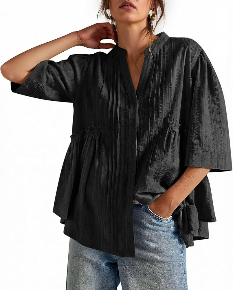 Cicy Bell Womens Peplum Button Down Shirts Summer V Neck Half Sleeve Blouses Dressy Casual Flowy ... | Amazon (US)