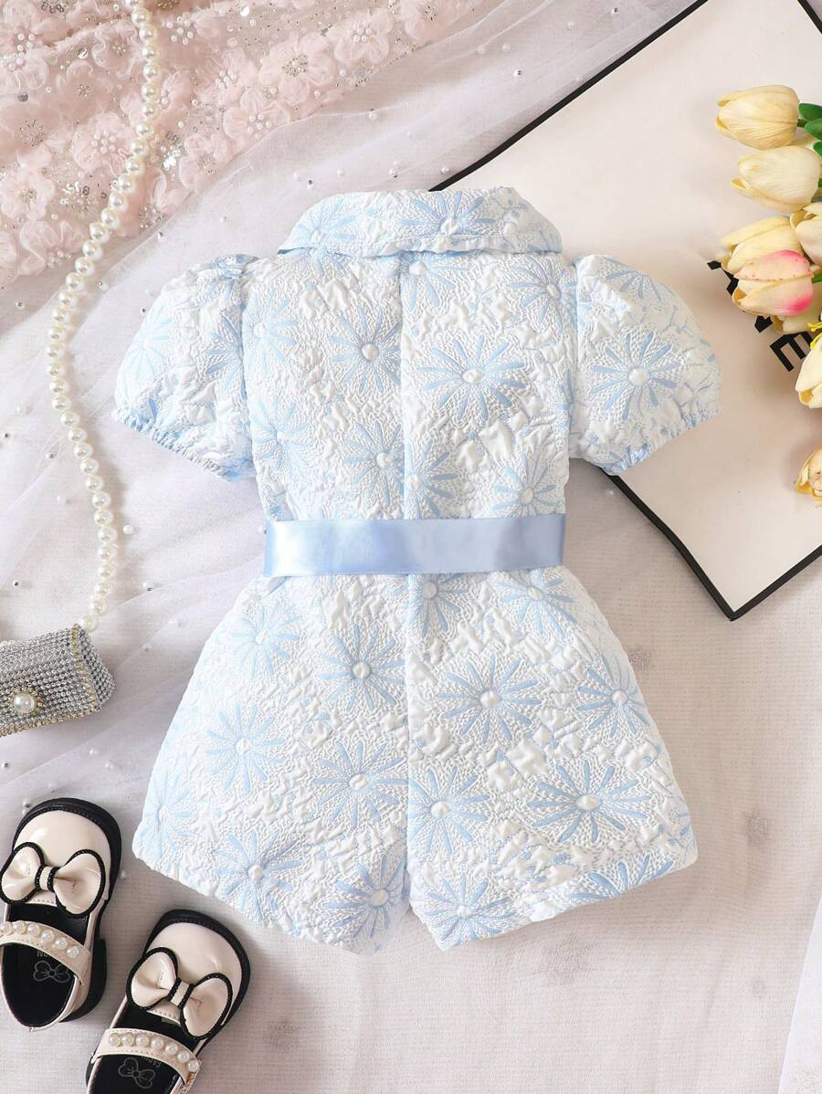 Baby Floral Jacquard Puff Sleeve Belted Shirt Romper | SHEIN