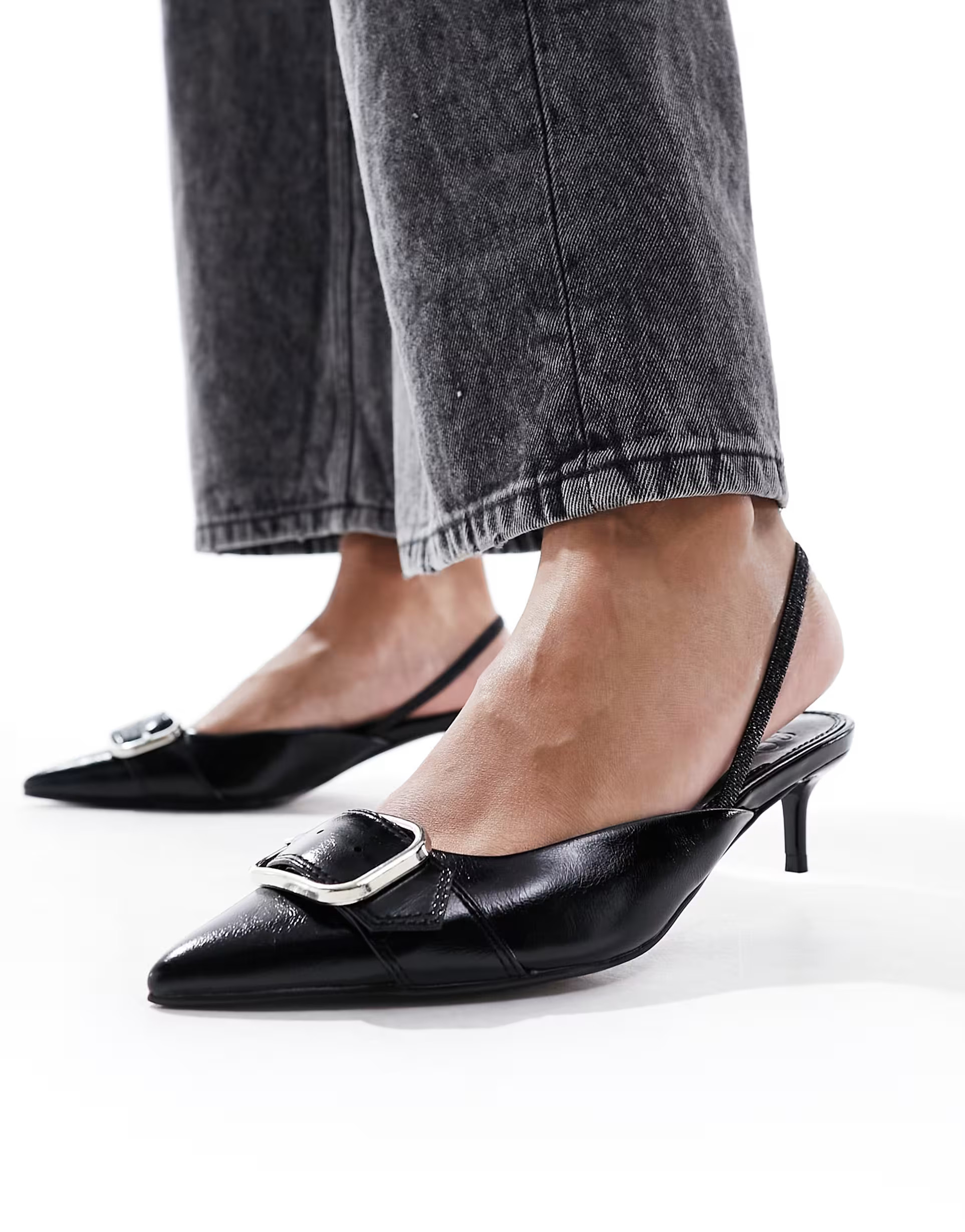 ASOS DESIGN Score buckle slingback kitten heeled shoes in black | ASOS (Global)