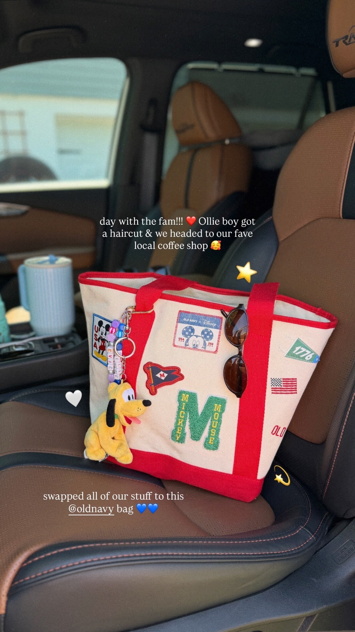 day with the fam!!! ❤️ Ollie boy got a haircut & we headed to our fave local coffee shop 🥰 swapped all of our stuff to this @oldnavy bag 💙💙 ⭐️ 🤍 💫

This exact size is sold out but linking the smaller size! Which is so cute!