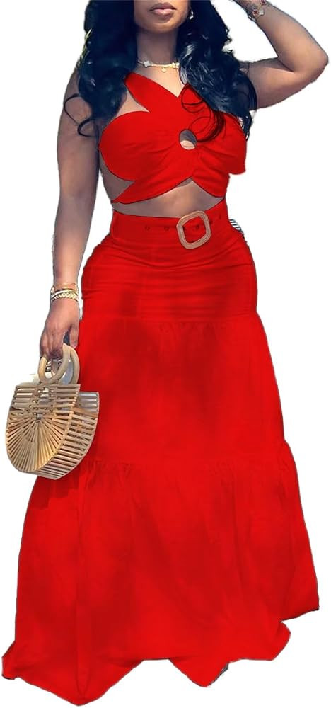 LROSEY Women's 2 Piece Sexy Outfits Summer Flower Shape Sleeveless Crop Top Ruched Ruffle Maxi Sk... | Amazon (US)