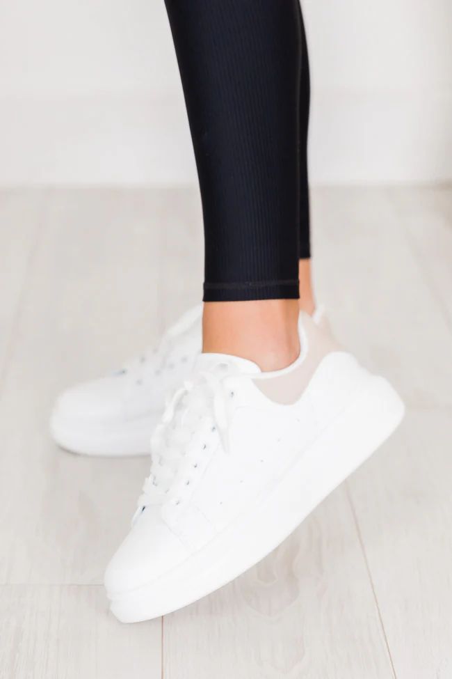 Jazzlyn White Sneakers with Taupe Heel Accent | Pink Lily