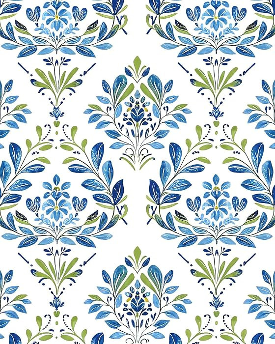 BOKEBEVE Blue and White Floral Stick Peel Modern Flower Contact Paper Boho Wallpapers for Accent ... | Amazon (US)