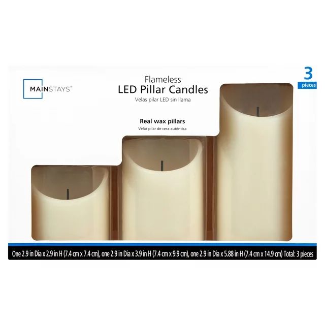 Mainstays Unscented Flameless LED Pillar Candle, Ivory, Various Sizes, 3 Count | Walmart (US)