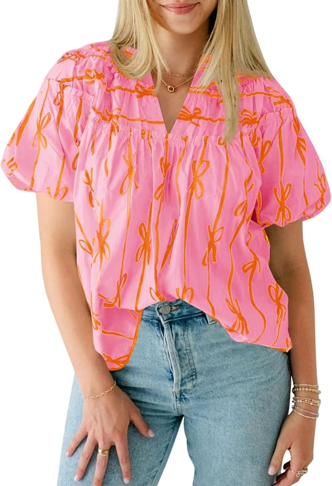 Cicy Bell Womens Summer Babydoll Tops Short Lantern Sleeve Bow Print Blouse V Neck Pleated Casual... | Amazon (US)