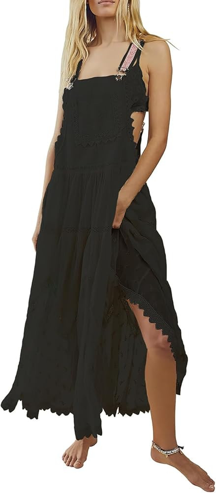 ebossy Women's Laced Embroidered Tulle Bib Dress Casual Loose Adjustable Straps Maxi Dress | Amazon (US)