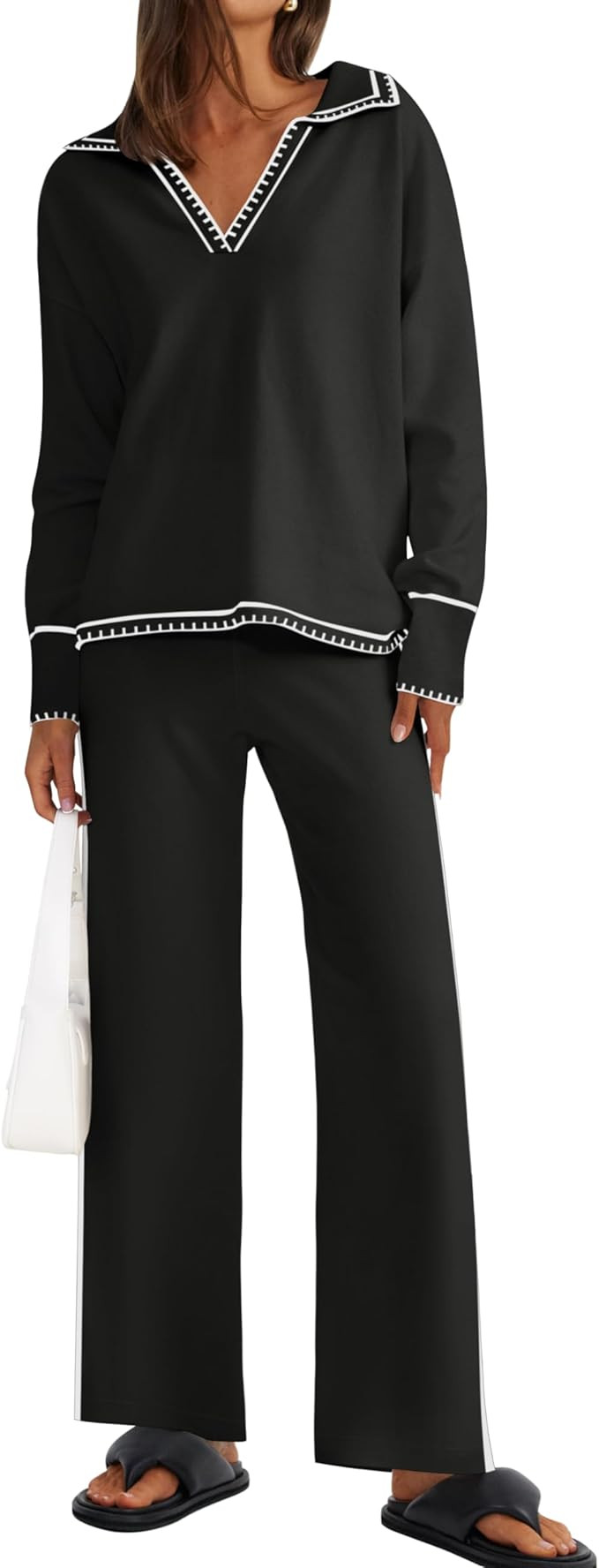 ZESICA Women's 2 Piece Fall Outfits Long Sleeve V Neck Knit Sweater Tops Wide Leg Pants Sweatsuit... | Amazon (US)