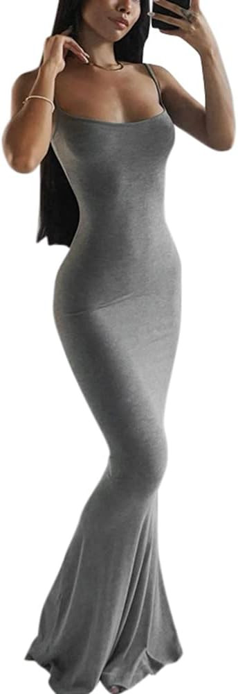 Woxlica Women's Casual Lounge Slip Long Dress Sleeveless Bodycon Maxi Dresses Solid Color | Amazon (US)