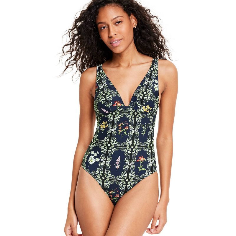 Women's Dainty Floral Tile Print Cheeky One Piece Swimsuit - Agua Bendita x Target Navy | Target