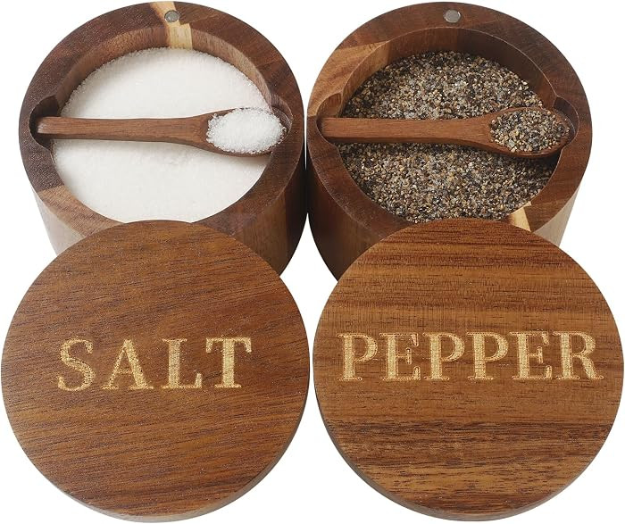 Salt Cellar, Elegant Salt and Pepper Set, 2PCS Acacia Wood Salt Container with Built-in Spoon & S... | Amazon (US)