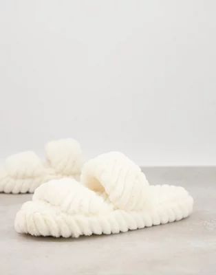 ASOS DESIGN Zhuji double strap slide slippers in cream | ASOS (Global)