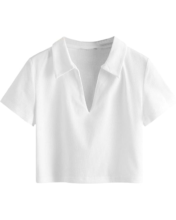 SweatyRocks Women's Collar Ribbed Knit Tee Short Sleeve Crop Top T-Shirts | Amazon (US)