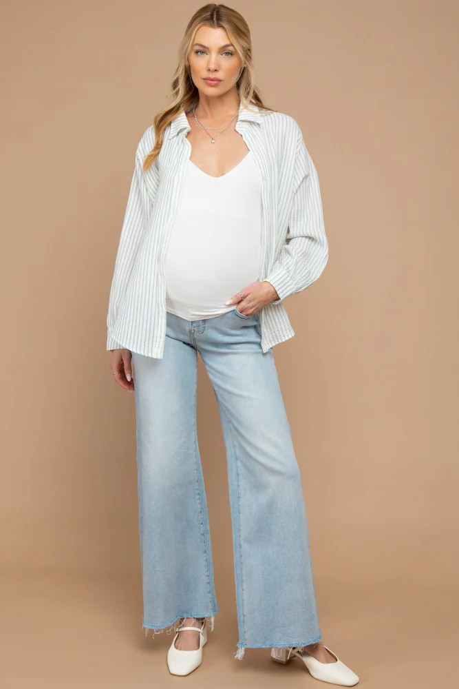 Light Blue Raw Hem Super Wide Leg Maternity Jeans | PinkBlush Maternity