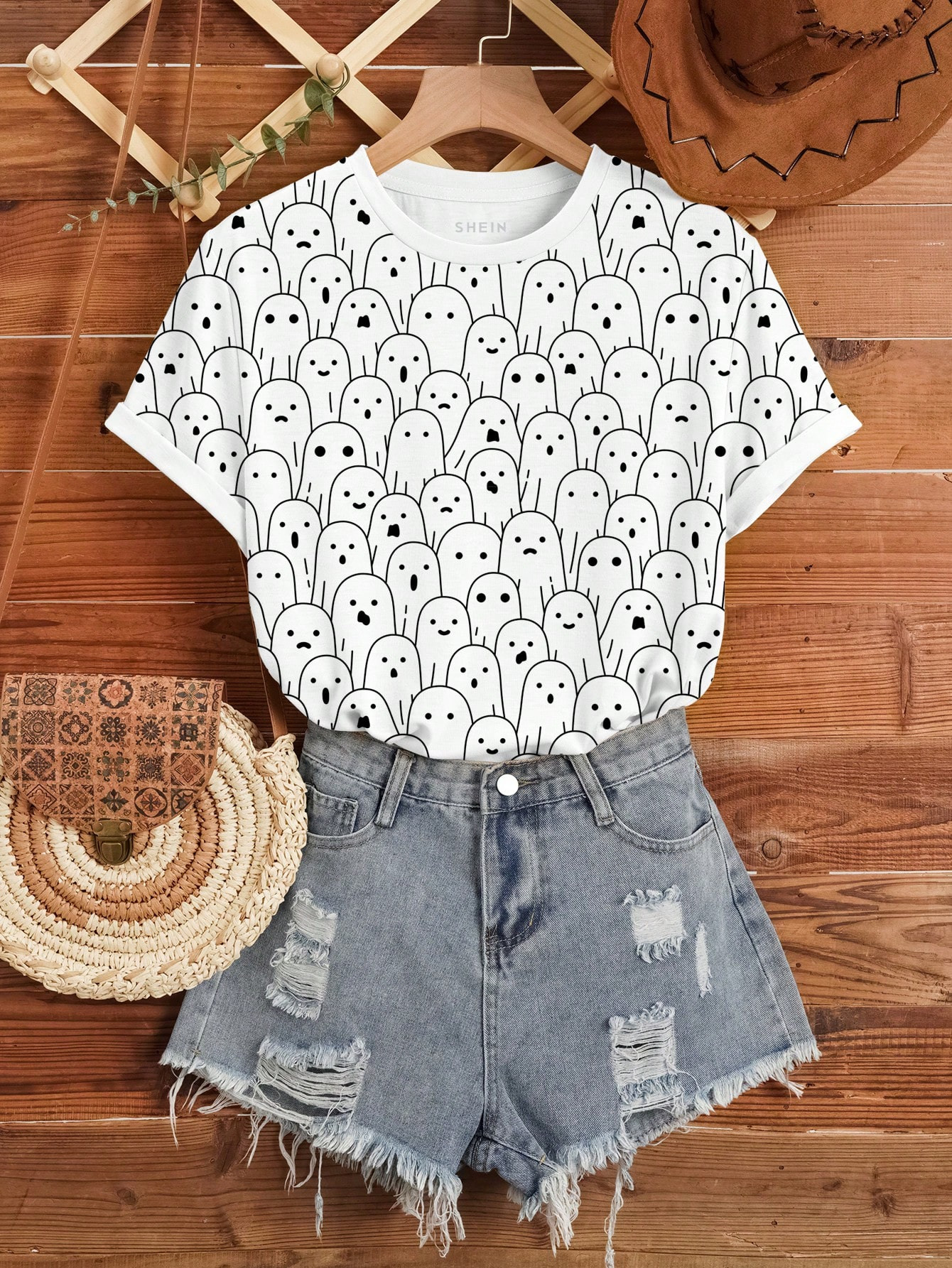 SHEIN LUNE Allover Cartoon Graphic Tee Without Shorts For Summer Daily | SHEIN