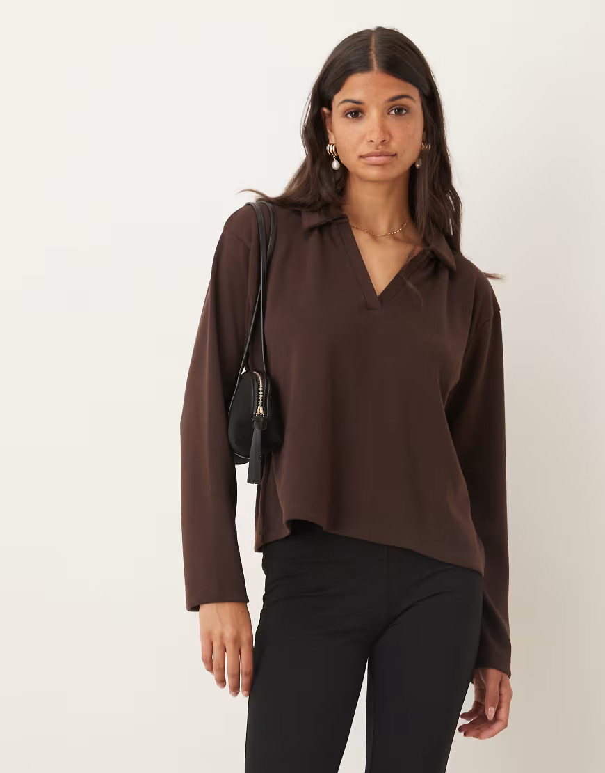 ASOS DESIGN knit long sleeve rugby collar top in chocolate-Brown | ASOS (Global)
