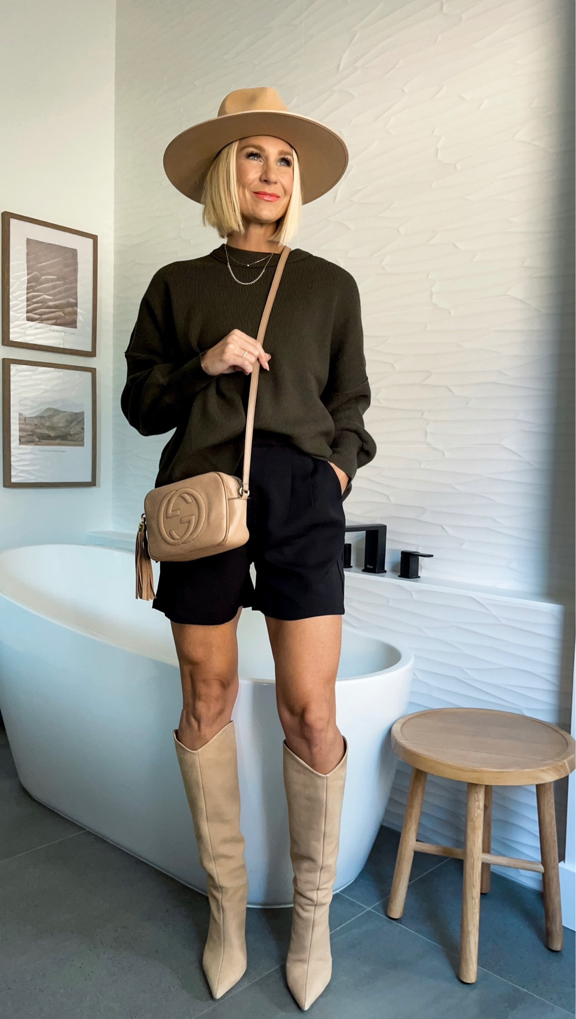 Amazon olive green sweater & black trousers style shorts. Knee high suede boots, felt hat. Fall outfit inspo.
*DM for jewelry💫

Sweater: wearing medium
Shorts: wearing medium
Boots: i sized up 1/2 size for my calves & wide feet
Hat: measure your head 😉 for the perfect fit.

#LTKover40 #LTKCon #LTKSeasonal